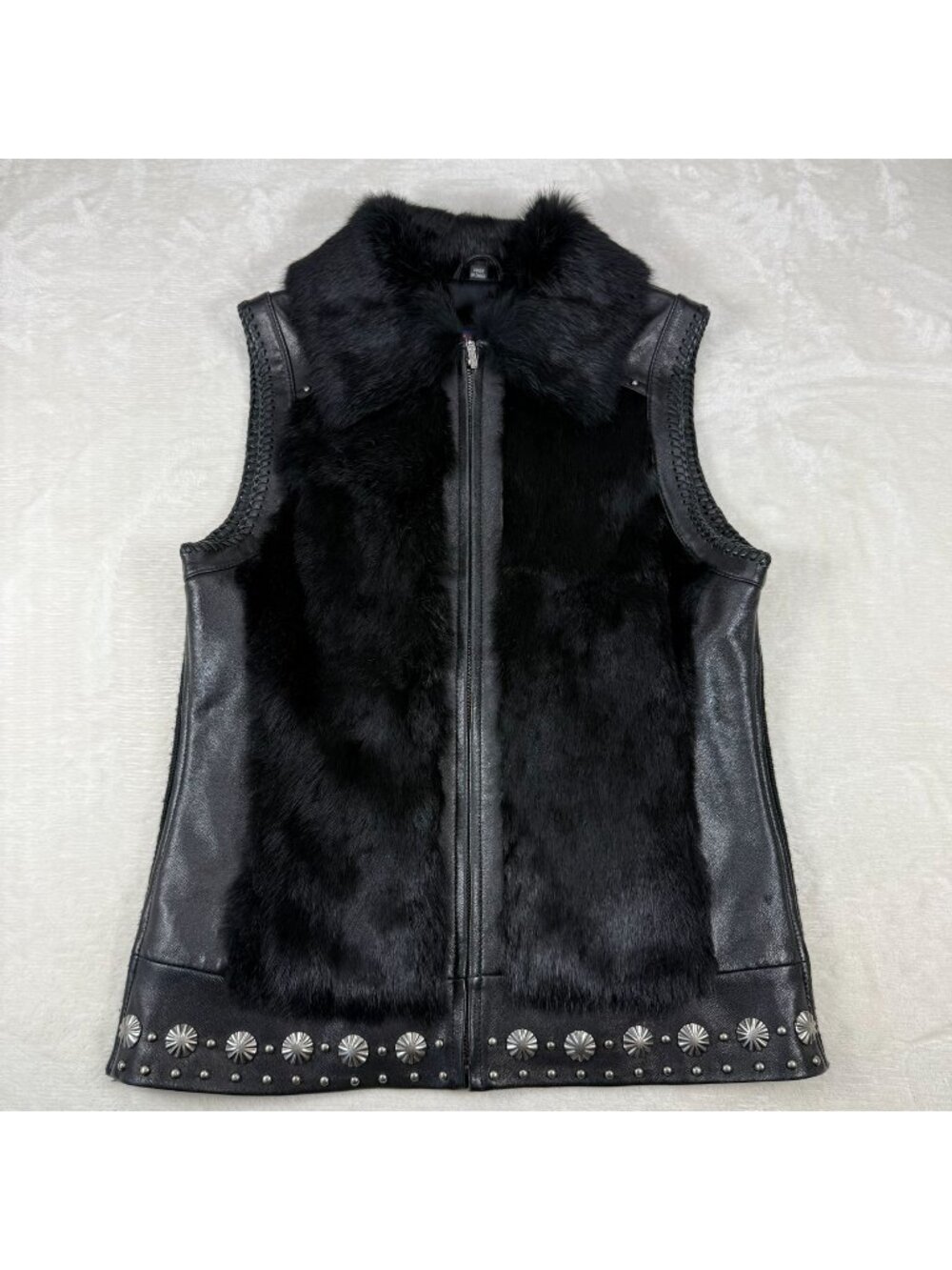 Cripple Creek Womens Medium Black Leather Fur Vest Studded Western Biker
